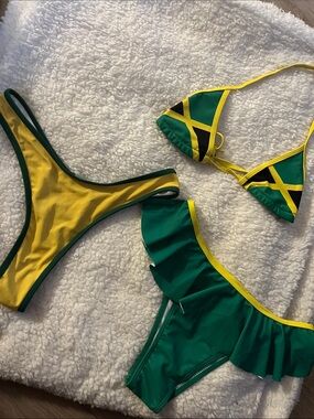 Green & Yellow Bikini Set with Jamaican Flag Detail